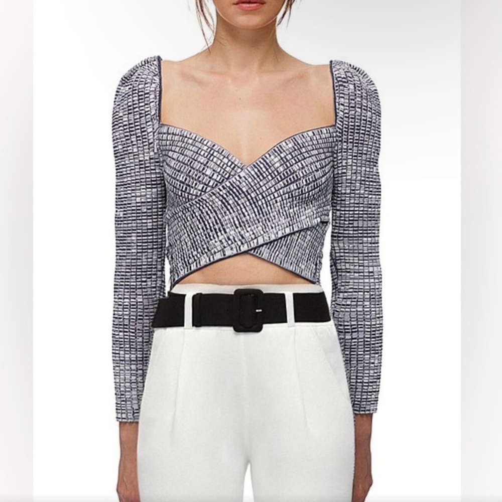 Self-Portrait Ribbed Knit Cropped Top Crossover Ribbed Navy White Size M